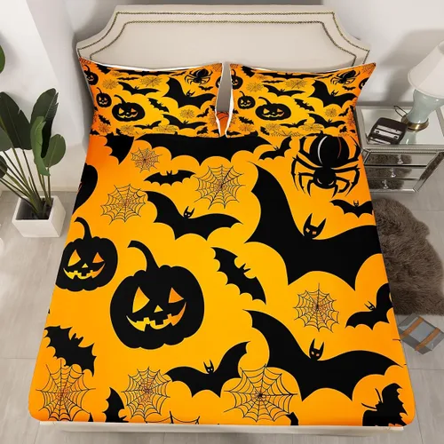 Miniatura 14 de Juego de ropa de cama de Halloween con patrón de sombras kawaii, sábana bajera tamaño queen, decoraciones de calabaza, luces de calabaza góticas