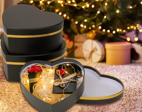 Miniatura 7 de Oairse Cajas de regalo negras con tapas para regalo, cajas de flores en forma de corazón para arreglos, juego de 4 cajas de regalo florales