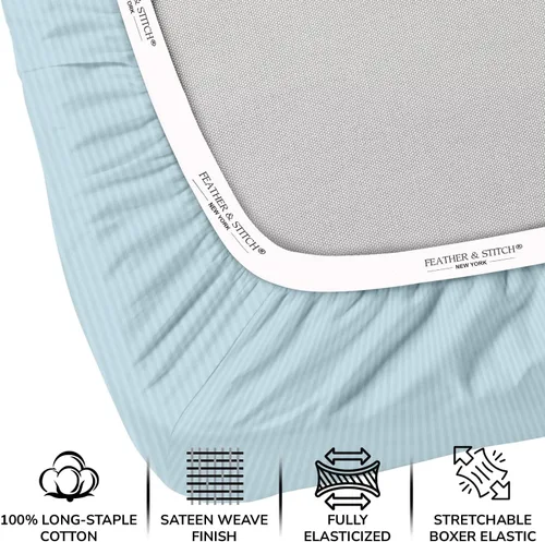 Miniatura 2 de Feather & Stitch - Sábana bajera ajustable de 100 % algodón, tejido satén de damasco, transpirable a rayas, sábana elástica para colchón de 18