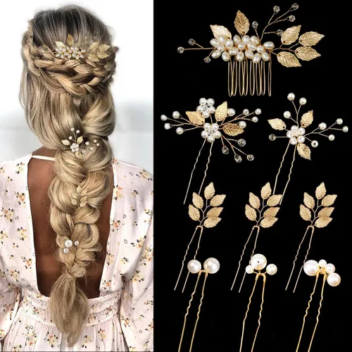 9 horquillas para el cabello de novia de hoja dorada, joyería vintage para damas de honor, novias, niñas, accesorios para el cabello (estilo hoja)