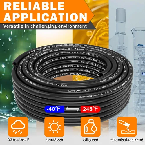 Miniatura 5 de CheeMuii 50 pies 3/8 Tubo Neumático 3/8" PA12 Nylon DOT Línea de Aire SAE J844 Manguera de Aire DOT 15.3 Metros 3/8 Pulgadas OD Tubo de Aire Negro