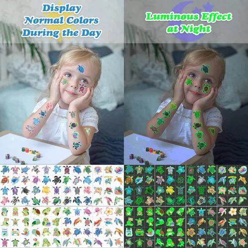 Miniatura 7 de 96 tatuajes temporales precortados de tortugas luminosas que brillan en la oscuridad para niños Suministros de decoración súper lindos