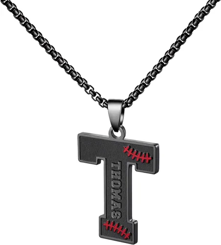 Miniatura 69 de Ldurian Collar personalizado con nombre de béisbol, cadena negra de acero inoxidable, collar con nombre deportivo, letra A-Z de 24 pulgadas, regalos