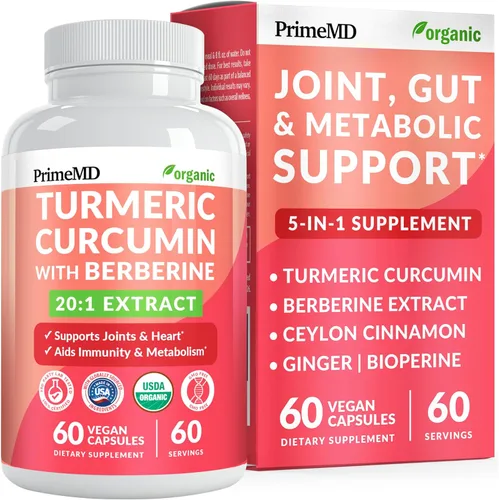 Suplemento de curcumina de cúrcuma orgánica 5 en 1 USDA – 230 mg con berberina, canela de Ceilán bioperina y jengibre suplementos para movilidad,