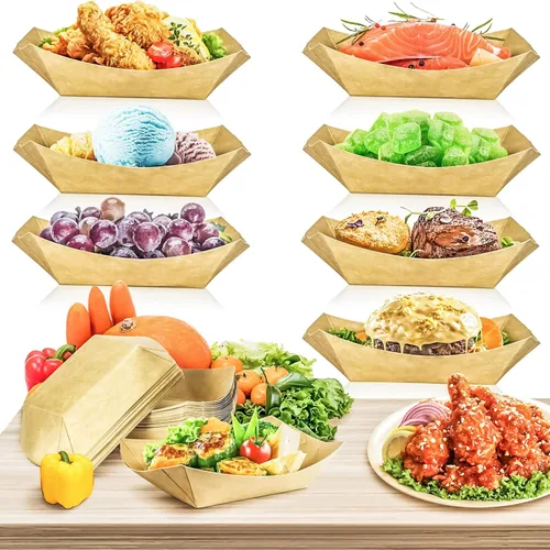Miniatura 4 de Paquete de 80 bandejas de papel desechables de 2 libras para botes de papel, bandeja de servir comida kraft, platos para aperitivos, palomitas