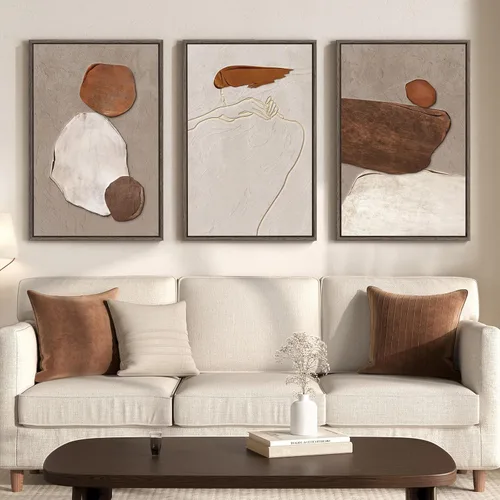 Miniatura 26 de Arte de pared abstracto neutro con marco grande para sala de estar, 3 piezas, impresiones modernas en lienzo para paredes, cuadros negros y beige