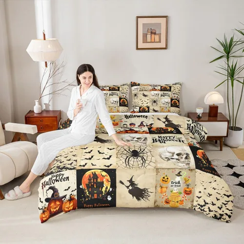 Miniatura 19 de Lindo juego de edredón de murciélago tamaño Queen con diseño de animales de Feliz Halloween, 3 piezas para decoración de habitación de niños