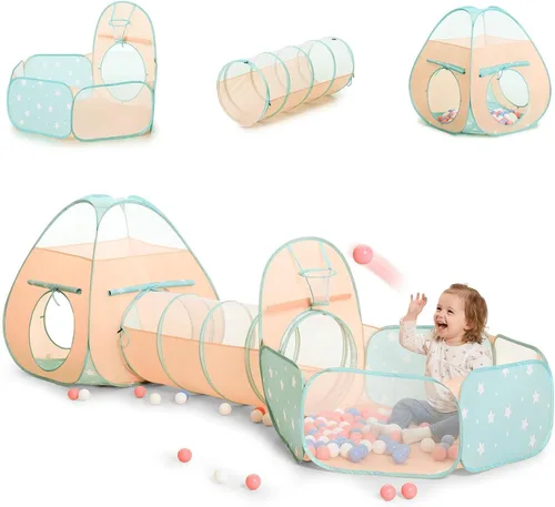 Miniatura 7 de PigPigPen Tienda de campaña 3 en 1 para niños con túnel de juego, pozo de bolas, aro de baloncesto para niños y niñas, juguete de casa