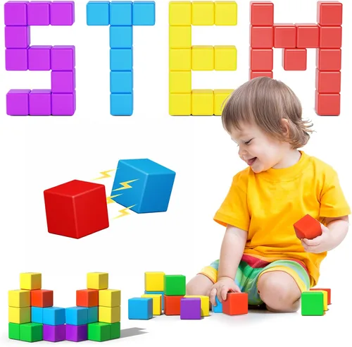 Miniatura 9 de Bloques magnéticos grandes de viaje, 20 bloques de construcción de 1.42 pulgadas para niños pequeños de 3 a 5 años, cubos magnéticos para niños