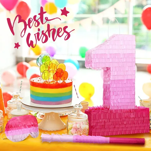 Miniatura 5 de Sratte Piñata con números de piñata rosa, decoraciones de cumpleaños, degradado con palo, confeti para niñas y niños, suministros de decoración