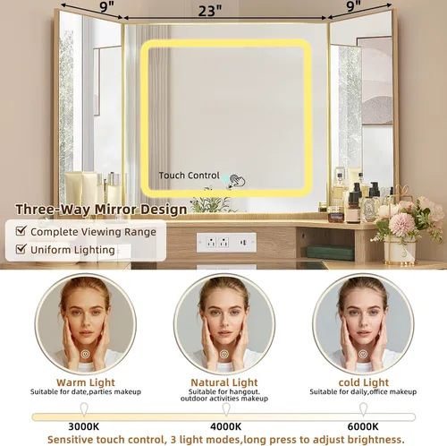 Miniatura 2 de Lerliuo Tocador Esquinero con Espejo de 3 Vías y Luces, Tocador de Maquillaje de Ratán de 46'' con Cajón Superior de Cristal, Gabinetes de Madera