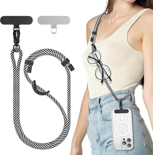 Miniatura 21 de SURPHY Cordón para teléfono, correa cruzada ajustable para teléfono con 2 pestañas de amarre para teléfono celular, hebillas de metal de alta Negro