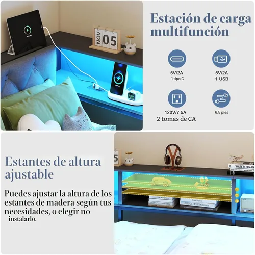 Miniatura 7 de Marco de cama de esquina tamaño twin con estante de almacenamiento y cabecero, cama de plataforma de esquina con luces LED y estación de carga, cama