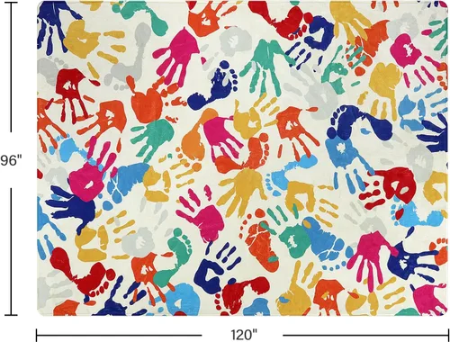Miniatura 2 de STARUIA Alfombra colorida para sala de juegos de 8 x 10 pulgadas, alfombra grande de huellas de manos y huellas, alfombra antideslizante y lavable