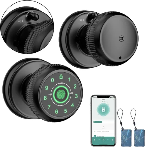 Cerradura de puerta de huellas dactilares, perilla de puerta inteligente con teclado de contraseña, perilla de puerta con estampado de dedos, Negro