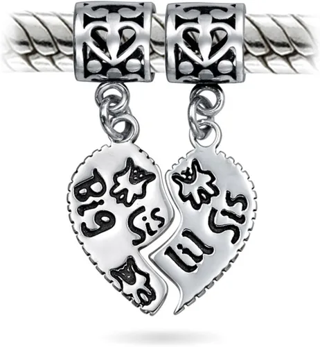 Miniatura 4 de Pulsera europea personalizada BFF SIS Little SIS de 2 piezas con dije de cuentas de corazón dividido para adolescentes, de plata de ley, Metal