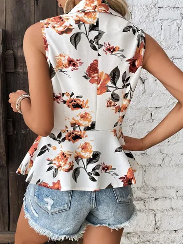 Miniatura 2 de Floerns Blazer sin mangas con estampado floral y cuello de chal y dobladillo con volantes para mujer