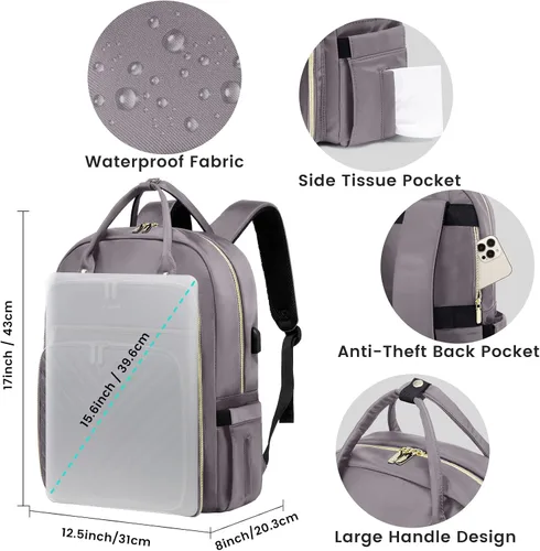 Miniatura 4 de LOVEVOOK Mochila para laptop para mujer, mochila de trabajo de moda con puerto USB, mochilas impermeables para el trabajo., Púrpura, gris, 15,6 pulg.
