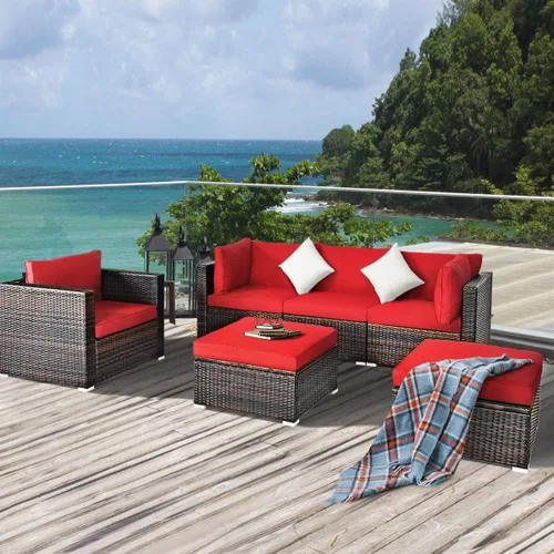 Miniatura 3 de HAPPYGRILL Juego de muebles de mimbre de ratán para exteriores, juego de sofá modular de mimbre con cojines suaves, mesa de café, otomana para patio