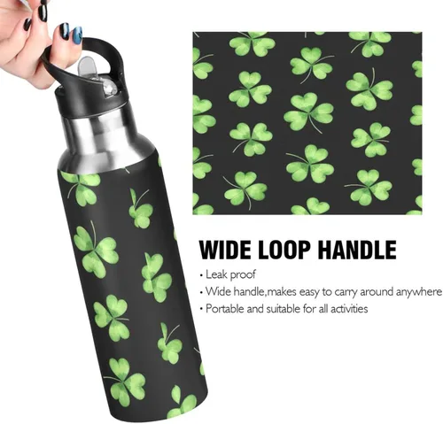 Miniatura 4 de Green Shamrocks Clovers Black Stainless Steel Vacuum Insulated Water Bottle 20 Oz, BPA-Free Sports Water Bottle with Straw Leakproof Water Bottles
