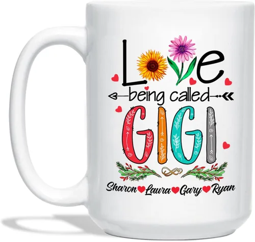 Love Being Called Gigi Tazas de té y café – Tazas de cerámica Gigi personalizadas – Regalo para nietos – Tazas de flores – Cerámica blanca de 11 oz