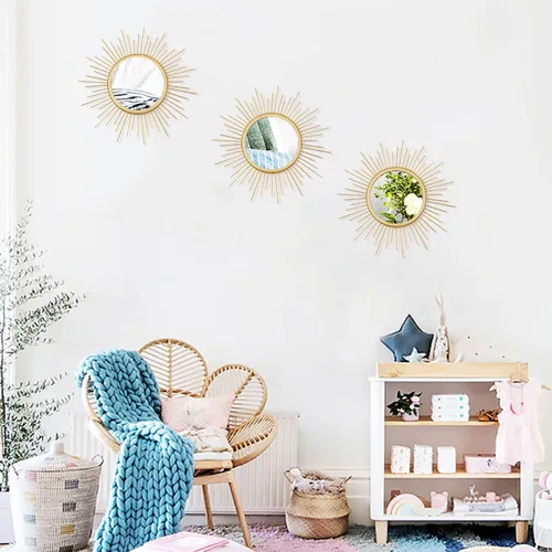 Miniatura 4 de Juego de 3 espejos metálicos para pared con diseño de rayos de sol para decoración del hogar, obra de arte para pared de sala de estar, dormitorio