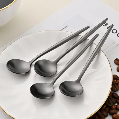 Miniatura 7 de 5.1 Pulgadas Cuchara de Té Satinada Negra SS18/10, Juego de 4 Mini Cucharas de Café de Acero Inoxidable, Cuchara de Té Pequeña, Cucharas Demitasse
