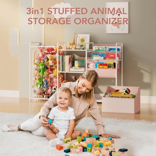 Miniatura 7 de BBLIKE Organizador de almacenamiento de animales de peluche 3 en 1, almacenamiento de juguetes con estantería para niños y soporte grande