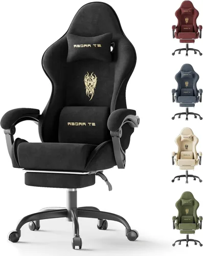 Miniatura 12 de Huracan Silla de juegos de tela de terciopelo con reposapiés para adultos, sillas ergonómicas para juegos con base de masaje, silla reclinable