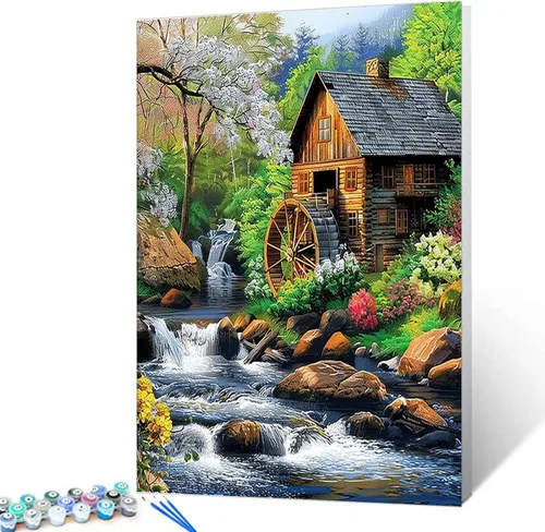 Pintura por números, cabaña del bosque rodeada de flores y árboles, pintura sobre lienzo con pinceles, pinturas acrílicas, perfectas para pintar por