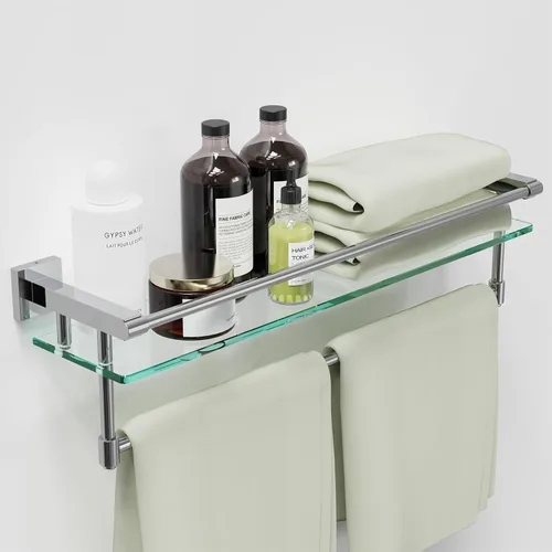 Miniatura 12 de Estante de baño de vidrio con barra para toallas, barra para toallas de acero inoxidable templado/estantes de baño de vidrio templado con riel