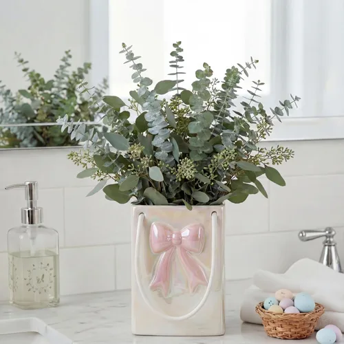 Miniatura 6 de Jarrón de flores con lazo rosa de 7.16 pulgadas, florero de cerámica para colgar, decoración de coqueta, centro de mesa de San Valentín para estante