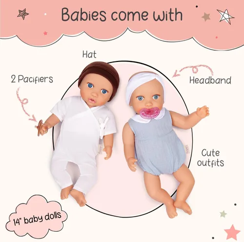 Miniatura 4 de LullaBaby Muñecas gemelas realistas de 14 pulgadas - Tonos de piel claros y ojos azules - Cuerpos suaves y trajes extraíbles - Sombrero, diadema