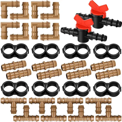 Kit de accesorios de riego por goteo de 34 piezas, juego de tubos de 1/2 pulgada, 2 interruptores, 8 camisetas, 8 acoplamientos, 8 codos y 8 tapones