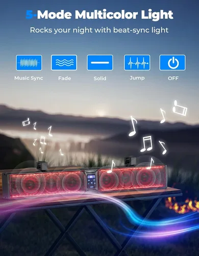Miniatura 5 de KEMIMOTO Barra de sonido con 8 altavoces de 32 pulgadas, barra de sonido de metal resistente para ATV UTV, luz RGB impermeable Bluetooth, barra