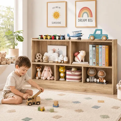 HONEY JOY Organizador de almacenamiento de juguetes para niños, estante de almacenamiento de 5 secciones para preescolar, 2 niveles de madera Natural