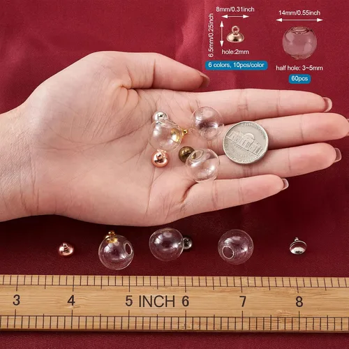 Miniatura 2 de Pandahall - 60 cuentas redondas hechas a mano de 0.551 in de vidrio transparente soplado con 5 colores de tapa de latón, botellas de bola de cristal