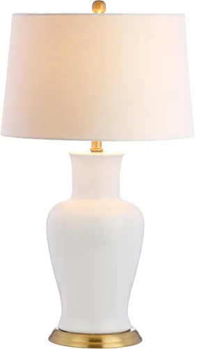 JONATHAN Y Lámpara de mesa LED tradicional de cerámica blanca y dorada de 29 pulgadas para decoración de dormitorio, pantalla de tambor de lino