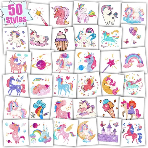 Partywind Tatuajes temporales con purpurina para niños y niñas, suministros de fiesta de cumpleaños, decoraciones de recuerdos, bolsas de regalos