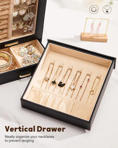 Miniatura 5 de Homde Organizador de joyas para niñas y mujeres, joyero para collares, anillos, aretes, regalo y pulseras (negro + dorado)