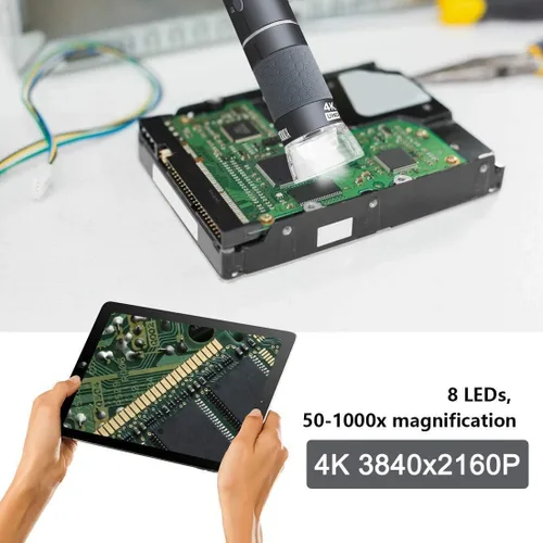 Miniatura 4 de Microscopio digital de mano Jiusion WiFi USB, endoscopio de aumento inalámbrico de 50 a 1000x, cámara 4K 3840x2160P, 8 LEDs con soporte de metal Gris