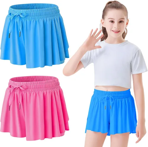 QooNoo Girls Butterfly Shorts with Pocket Flowy Athletic Shorts High Waist Preppy Running Shorts for Kids Teen