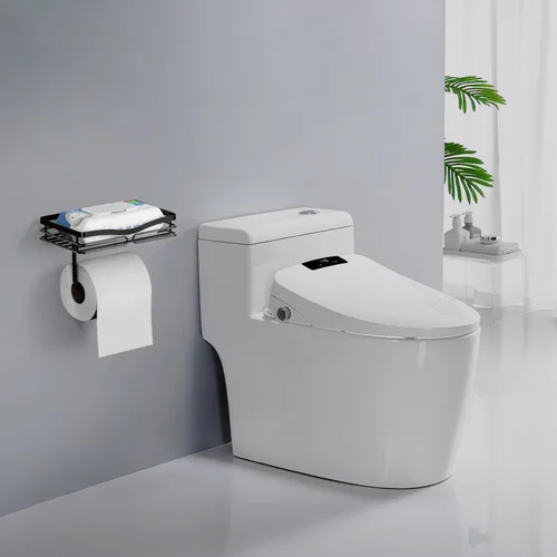 Miniatura 5 de Soporte de papel higiénico con estante de almacenamiento, metal negro, montaje sin taladros, se adapta a toallitas húmedas de tamaño Costco