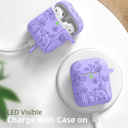 Miniatura 7 de Lerobo Funda con grabado de flores para AirPods, elegante protector de silicona suave con llavero, compatible con Apple AirPods de 1ª/2ª