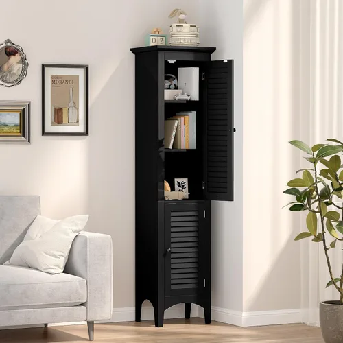 Miniatura 4 de Tangkula Armario de almacenamiento de baño de 63 pulgadas de alto, torre de lino estrecha independiente con estante ajustable, gabinete moderno
