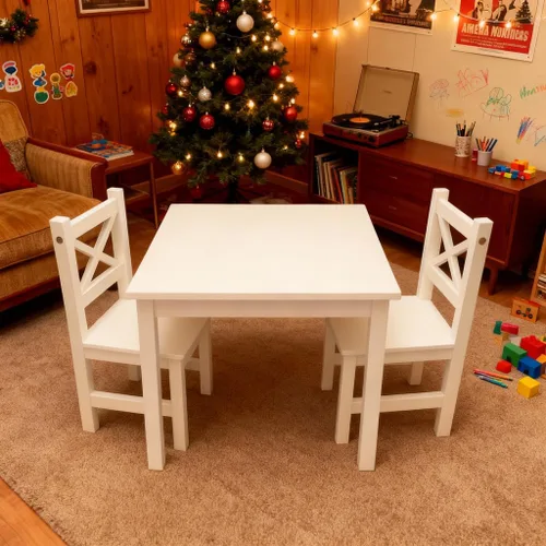Miniatura 7 de PETIT BATEAU Juego de mesa y 2 sillas de madera maciza para niños, diseño irlandés Montessori Modern AMMEHOELA para niños de 2 a 8 años, blanco