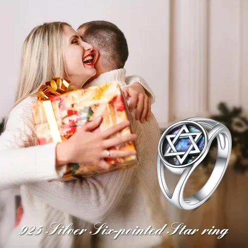 Miniatura 5 de TIGER RIDER Anillo de plata de ley 925 con estrella de Davids Star of David en concha de abulón