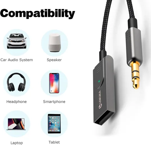 Miniatura 6 de Adaptador Bluetooth 5.3 a auxiliar para automóvil, receptor USB a TRS de 0.138 in - Añade Bluetooth al automóvil, altavoz, audio estéreo doméstico