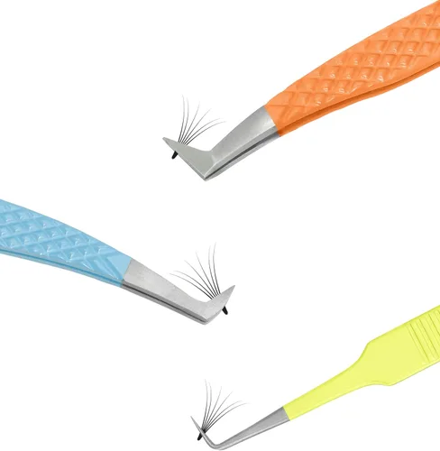 SIVOTE Pinzas de pestañas para extensiones de pestañas, puntas de fibra, juego de 3, volumen, bota de volumen, pinzas de 90 grados, azul, amarillo y