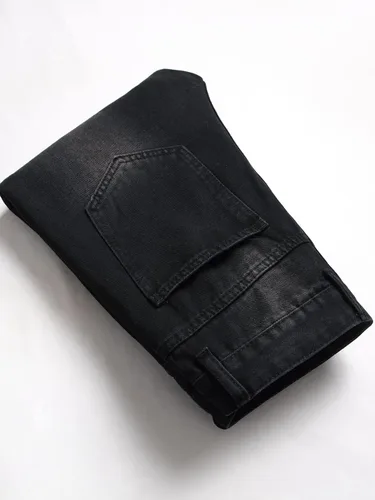 Miniatura 3 de QONIA Jeans para hombre con detalle de parche de oso y letra, rasgados, deshilachados, ajustados, de pierna recta, jeans para hombres